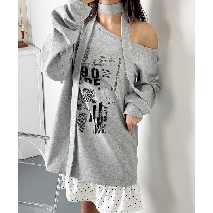 オフショルダー長袖Tシャツ ストール付[品番:KH000015371 オフショルダー長袖Tシャツ ストール付[品番:KH000015371