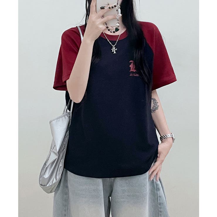 配色ラグラン半袖Tシャツ レディース 夏[品番：KH000014647
