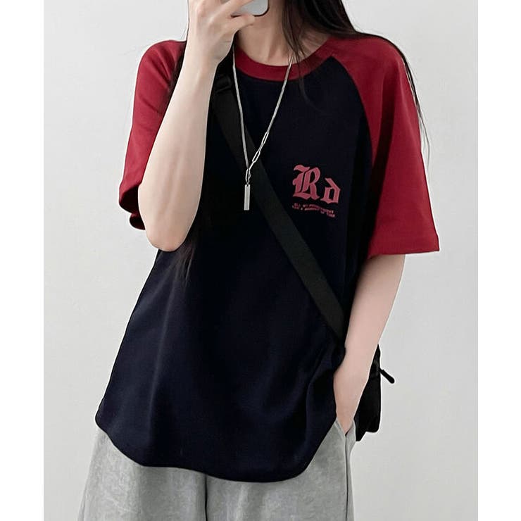 配色ラグラン半袖Tシャツ レディース 夏[品番：KH000014647