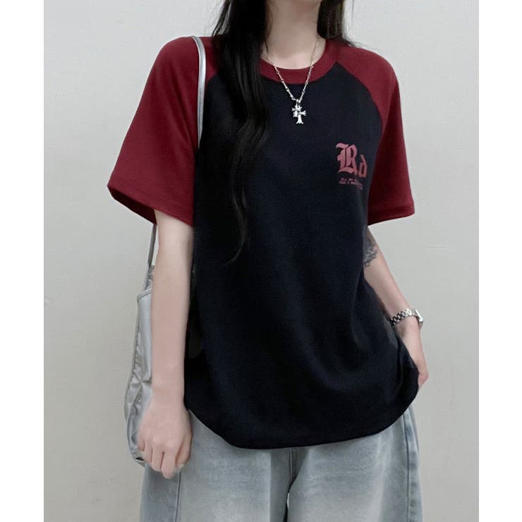 配色ラグラン半袖Tシャツ レディース 夏[品番：KH000014647