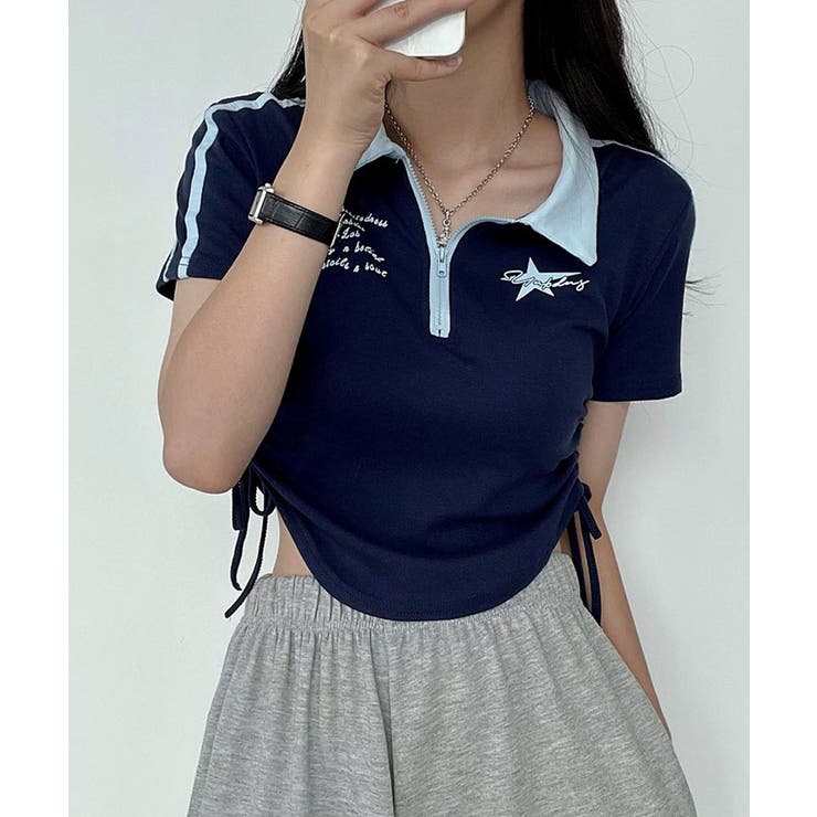サイドルーシング半袖Tシャツ レディース 夏[品番:KH000014709 サイドルーシング半袖Tシャツ レディース 夏[品番:KH000014709
