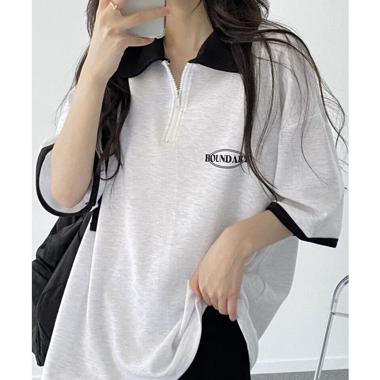 ブロークコア 襟付き配色半袖半ジップ付きTシャツ レディース