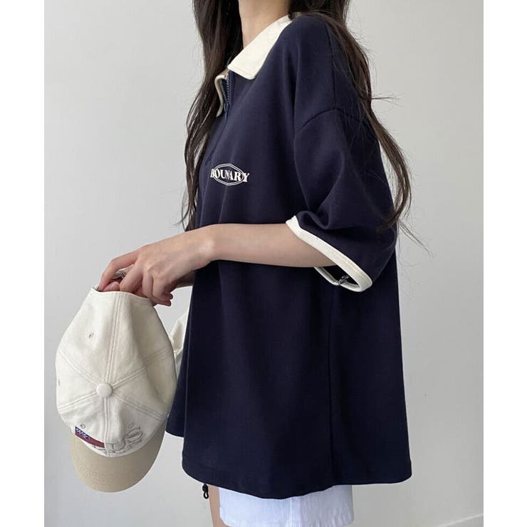 ブロークコア 襟付き配色半袖半ジップ付きTシャツ レディース