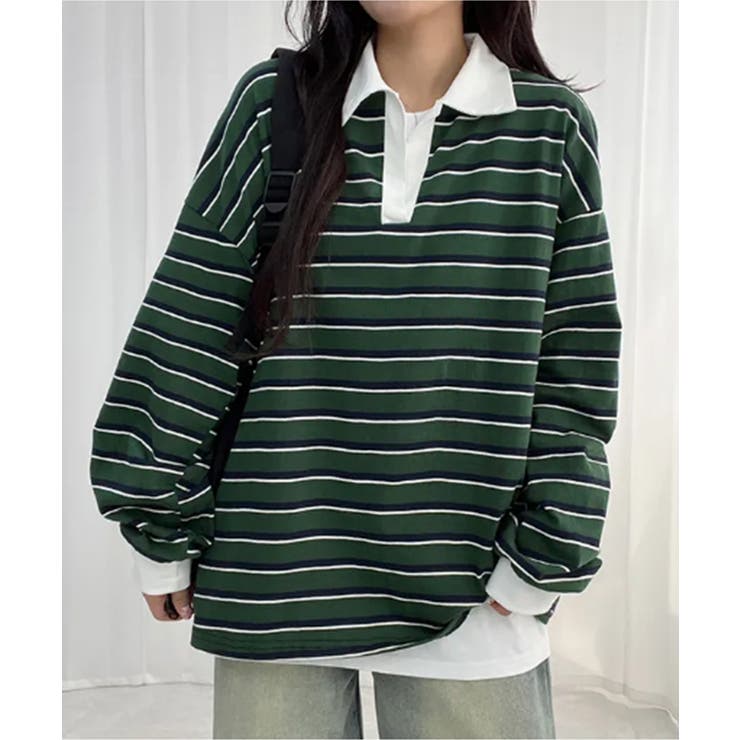 配色襟 ラガーシャツ風 ボーダートップス | VIVID LADY | 詳細画像1 