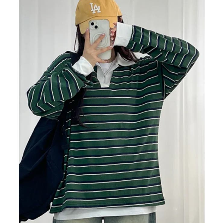 配色襟 ラガーシャツ風 ボーダートップス | VIVID LADY | 詳細画像2 