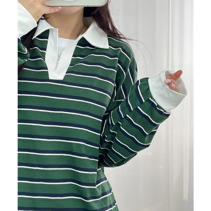 配色襟 ラガーシャツ風 ボーダートップス | VIVID LADY | 詳細画像3 