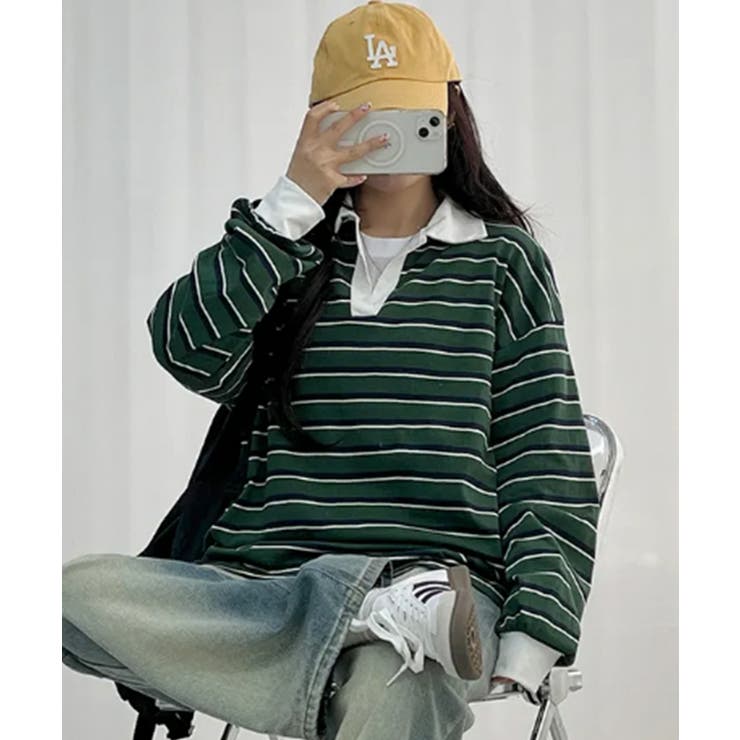 配色襟 ラガーシャツ風 ボーダートップス | VIVID LADY | 詳細画像4 