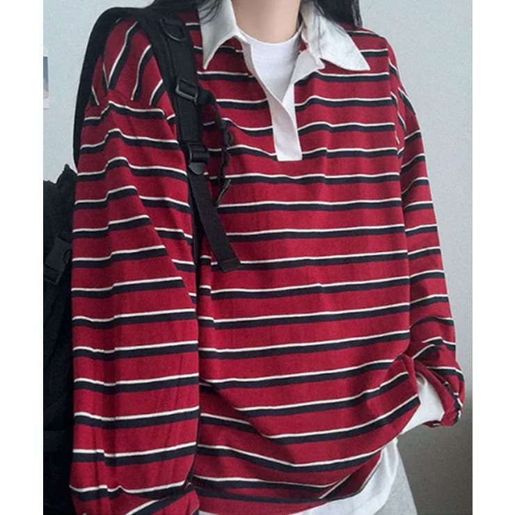 配色襟 ラガーシャツ風 ボーダートップス | VIVID LADY | 詳細画像6 