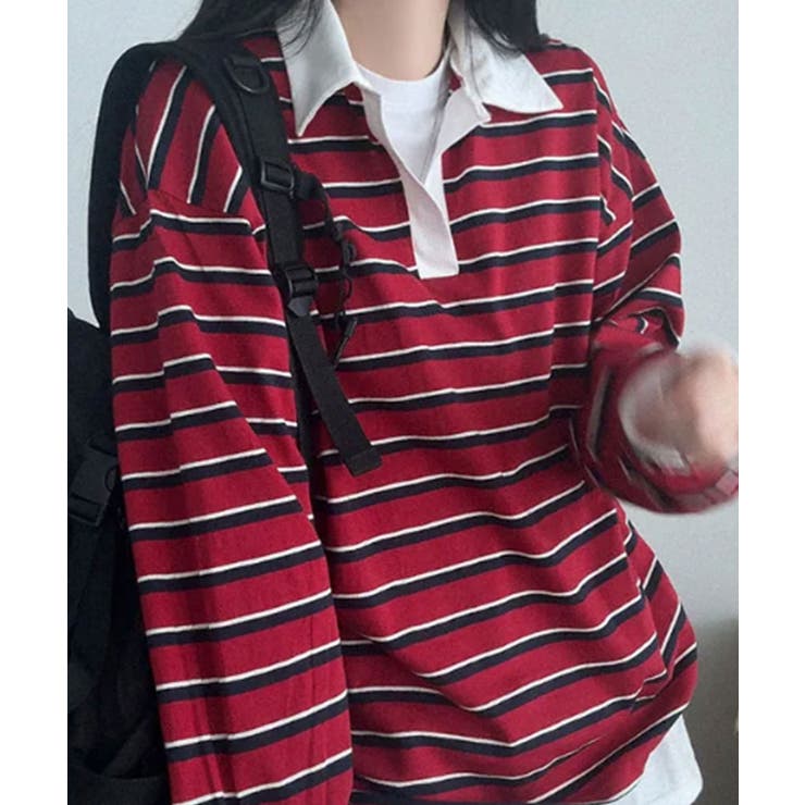 配色襟 ラガーシャツ風 ボーダートップス | VIVID LADY | 詳細画像8 