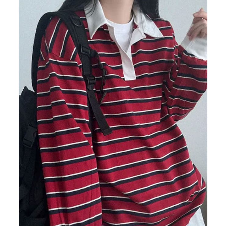 配色襟 ラガーシャツ風 ボーダートップス | VIVID LADY | 詳細画像9 