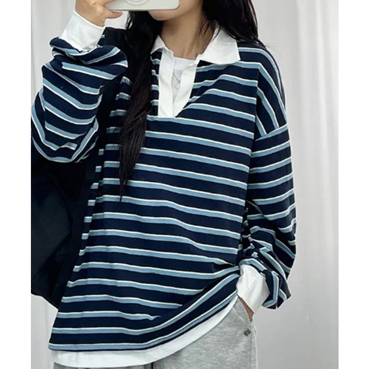 配色襟 ラガーシャツ風 ボーダートップス | VIVID LADY | 詳細画像13 