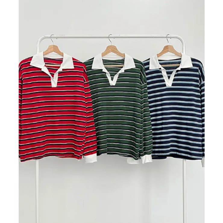 配色襟 ラガーシャツ風 ボーダートップス | VIVID LADY | 詳細画像16 