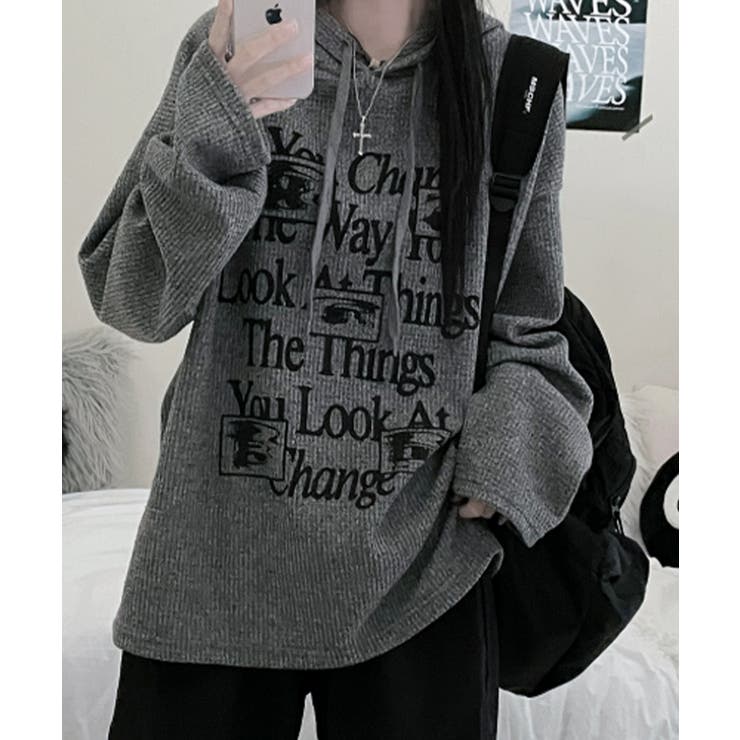 ワッフル プルオーバーパーカー フード付き トップス | VIVID LADY | 詳細画像23 