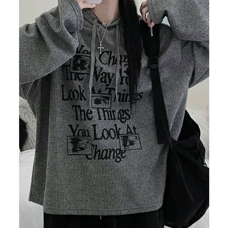 グレー | ワッフル プルオーバーパーカー フード付き トップス | VIVID LADY