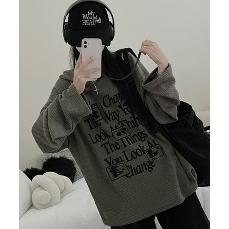 カーキ | ワッフル プルオーバーパーカー フード付き トップス | VIVID LADY