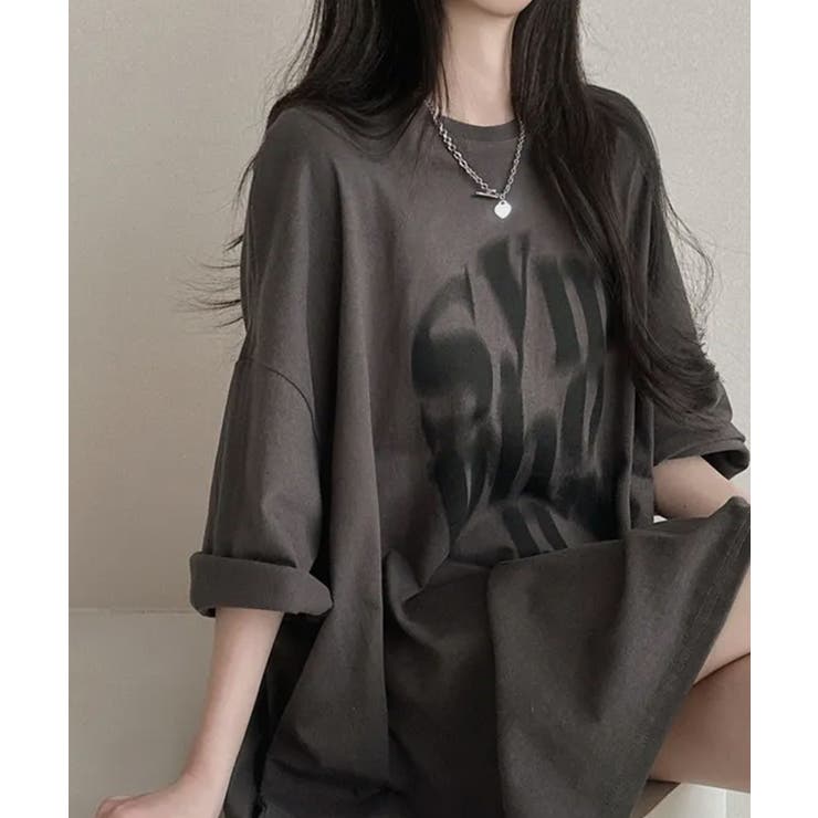 ボクシー 半袖 T シャツ ぼやけ文字プリント ボクシー 半袖Tシャツ[品番：KH000015538