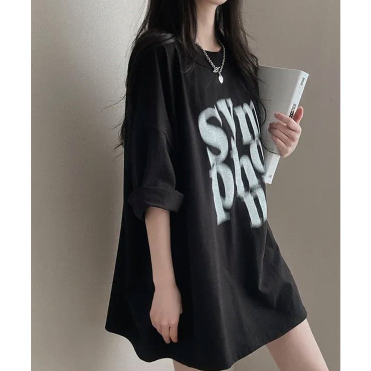 ボクシー 半袖 T シャツ ぼやけ文字プリント ボクシー 半袖Tシャツ[品番：KH000015538