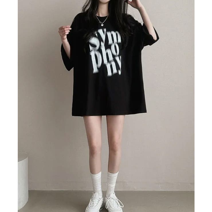 ぼやけ文字プリント ボクシー 半袖Tシャツ[品番：KH000015538