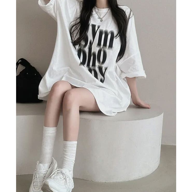 ぼやけ文字プリント ボクシー 半袖Tシャツ[品番：KH000015538
