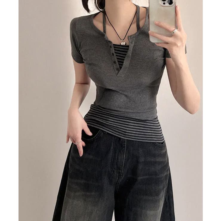 tシャツ ホルターネックレイヤードリブTOP レディース セール】【forksy.】ホルターネック リブ レイヤードトップス（T