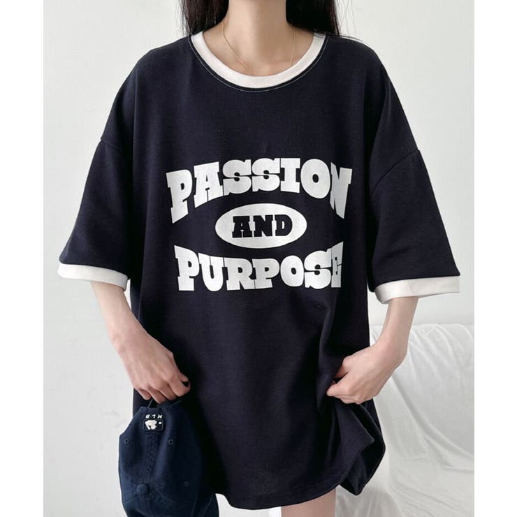 tシャツ ラウンド切替サラっとTシャツ レディース 配色ライン オーバーサイズTシャツ[品番：KH000015580]｜VIVID