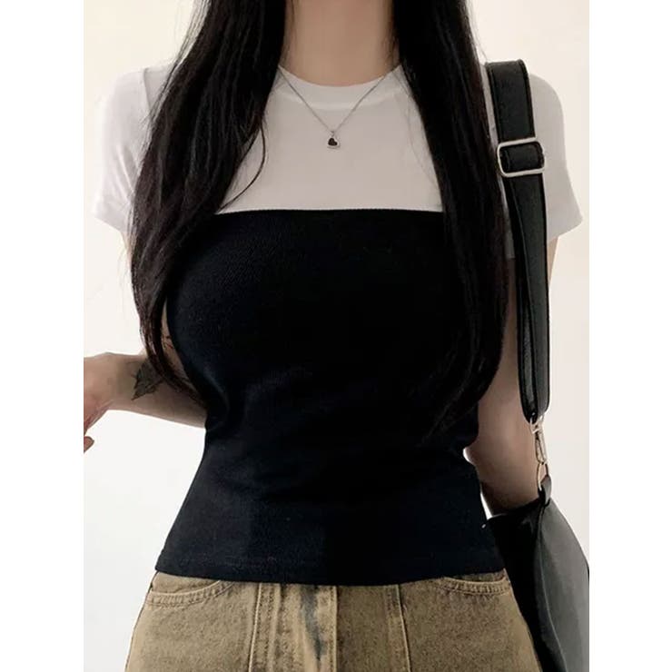 ブラック | バストラインバイカラー半袖Tシャツ | VIVID LADY