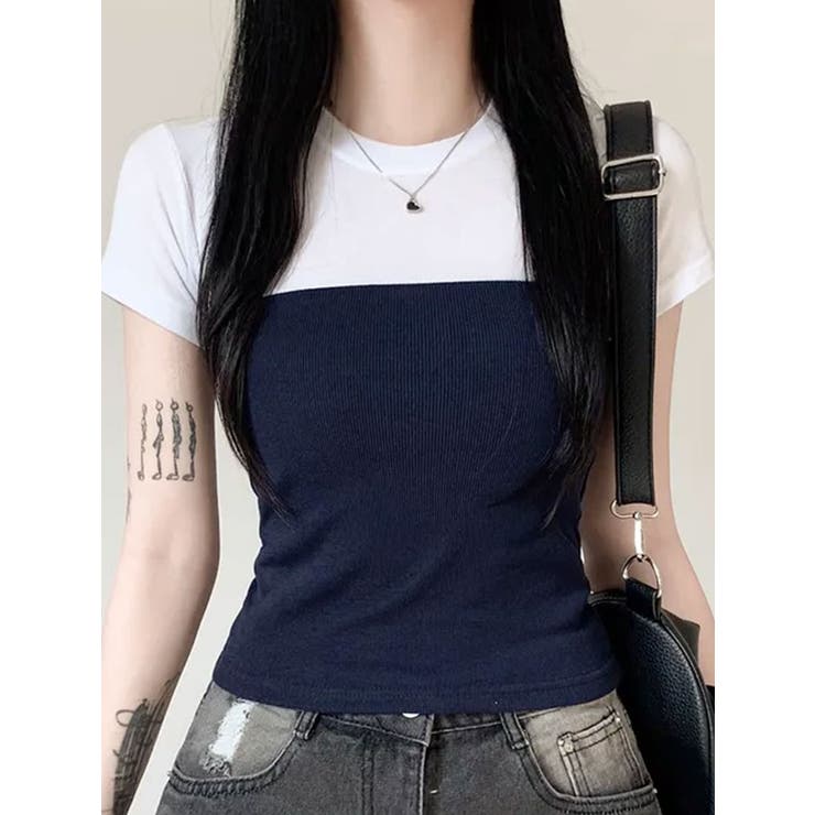 ネイビー | バストラインバイカラー半袖Tシャツ | VIVID LADY