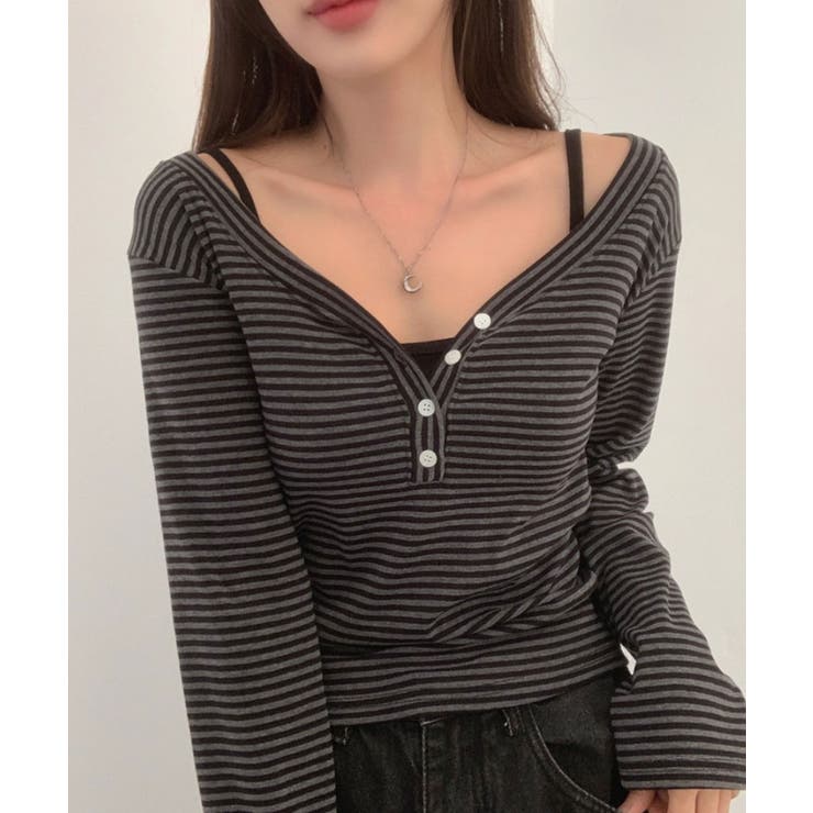 ベリーリーページ3点 ボーダー柄Vネックヘンリーネックトップス[品番：KH000015724