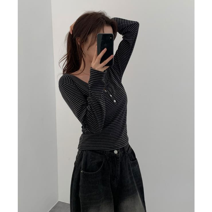 ボーダー柄Vネックヘンリーネックトップス[品番：KH000015724