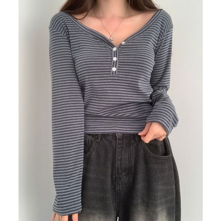ボーダー柄Vネックヘンリーネックトップス[品番：KH000015724