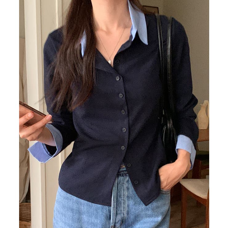 ネイビー | フェイクレイヤードシャツ風カーディガン | VIVID LADY