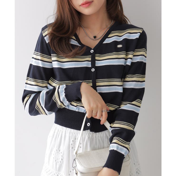 ミックスボーダーVネックカーディガン | VIVID LADY | 詳細画像1 