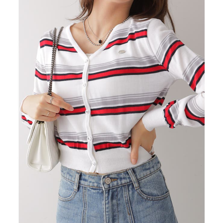 アイボリー | ミックスボーダーVネックカーディガン | VIVID LADY