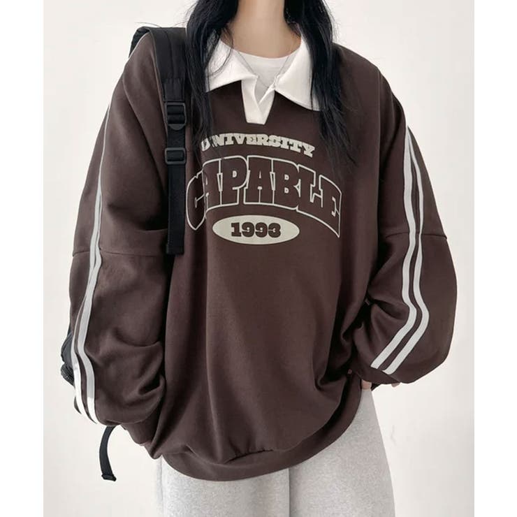 ブラウン | 【裏起毛】カレッジロゴ スリーブライン ポロカラースウェット | VIVID LADY