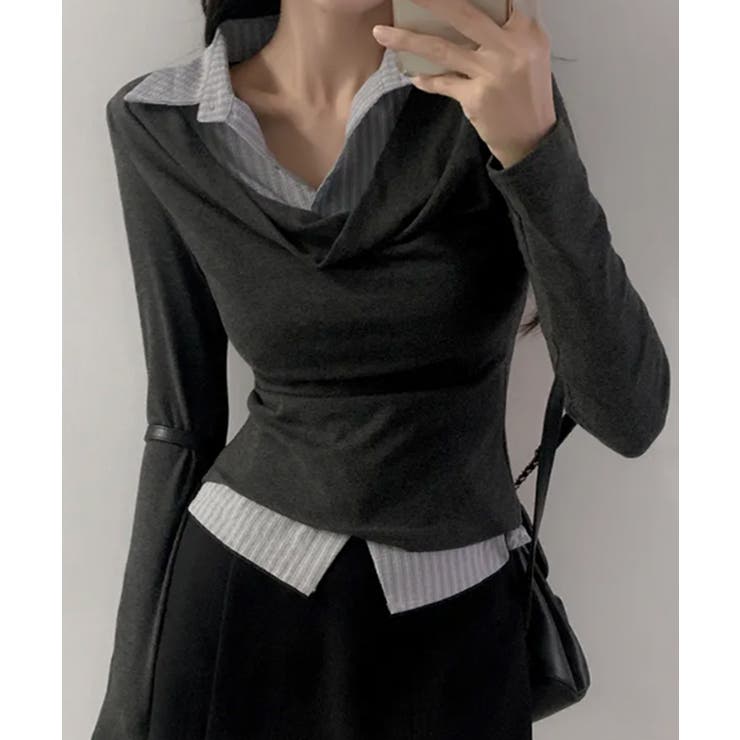 チャコールグレー | シャツレイヤード風 ドレープロンT トップス | VIVID LADY