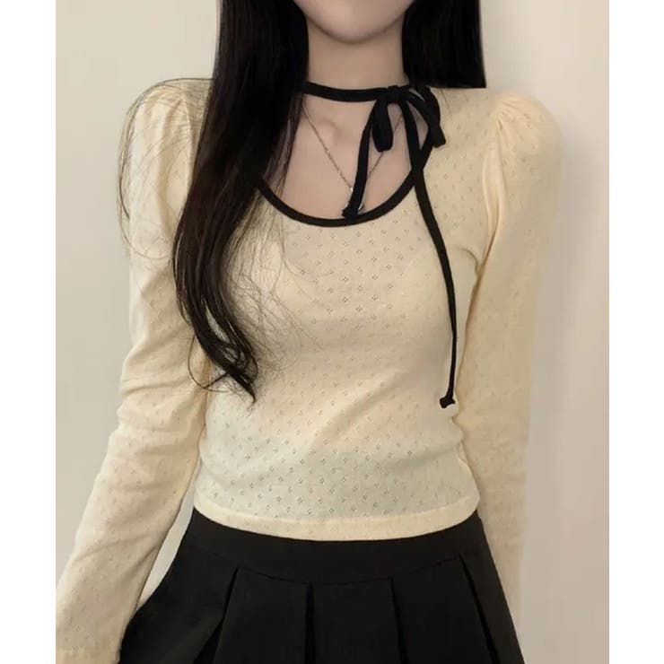 配色パイピング チョーカー風リボン 長袖Tシャツ | VIVID LADY | 詳細画像1 