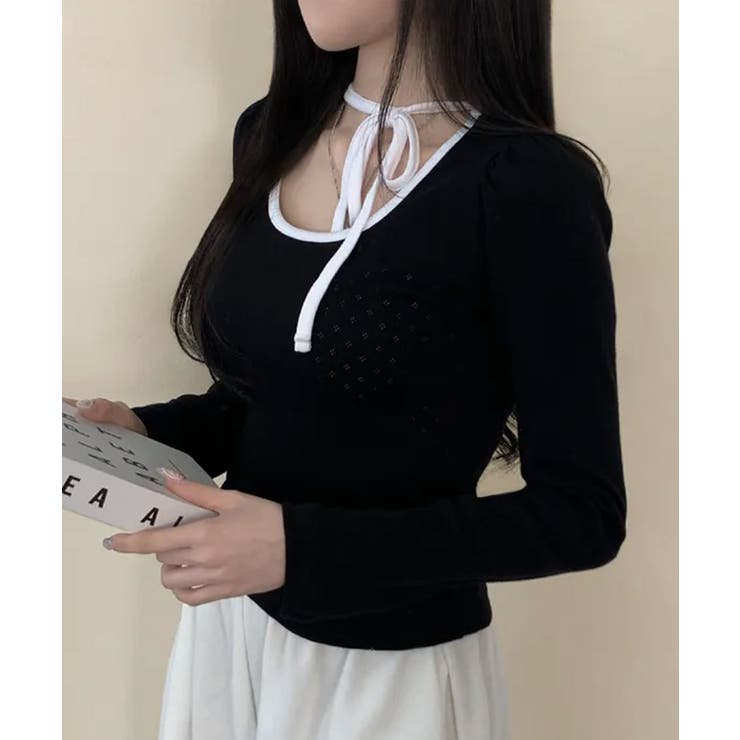 配色パイピング チョーカー風リボン 長袖Tシャツ | VIVID LADY | 詳細画像13 