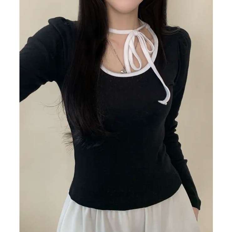 配色パイピング チョーカー風リボン 長袖Tシャツ | VIVID LADY | 詳細画像14 