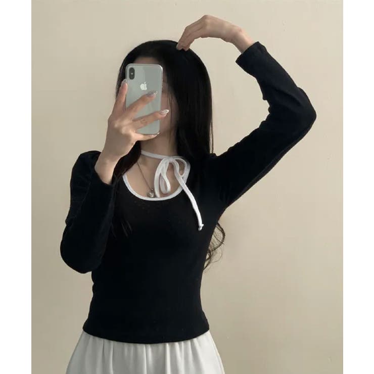 配色パイピング チョーカー風リボン 長袖Tシャツ | VIVID LADY | 詳細画像15 