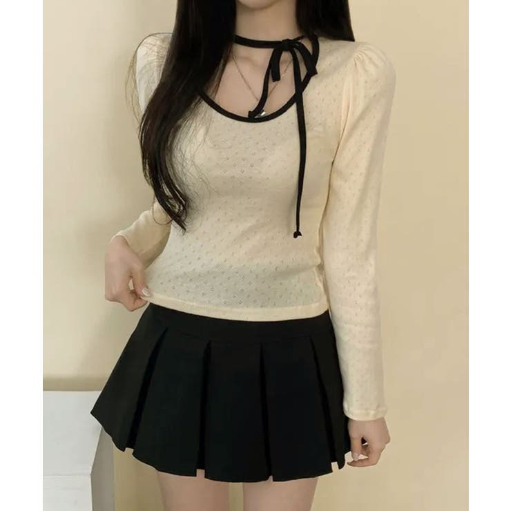 配色パイピング チョーカー風リボン 長袖Tシャツ | VIVID LADY | 詳細画像2 