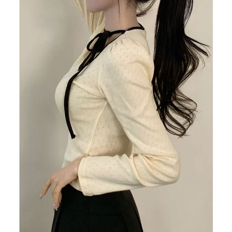 配色パイピング チョーカー風リボン 長袖Tシャツ | VIVID LADY | 詳細画像5 