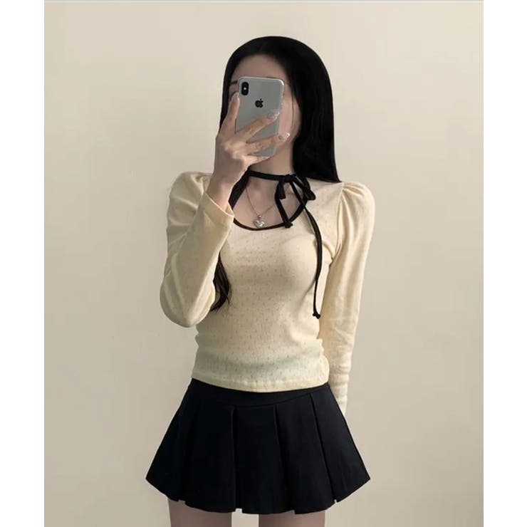 配色パイピング チョーカー風リボン 長袖Tシャツ | VIVID LADY | 詳細画像7 