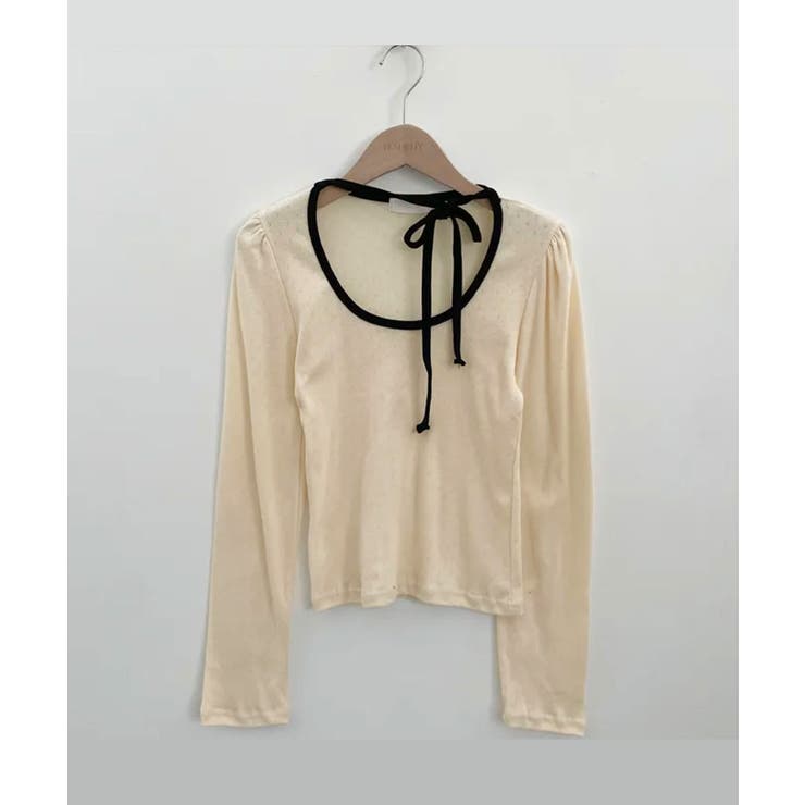 配色パイピング チョーカー風リボン 長袖Tシャツ | VIVID LADY | 詳細画像19 