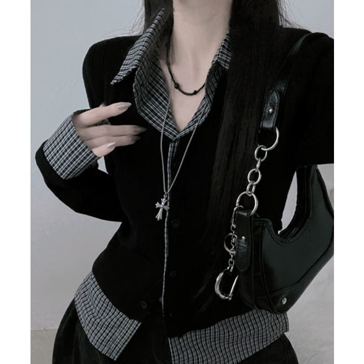 ブラック | チェック柄シャツ ドッキングカーディガン | VIVID LADY