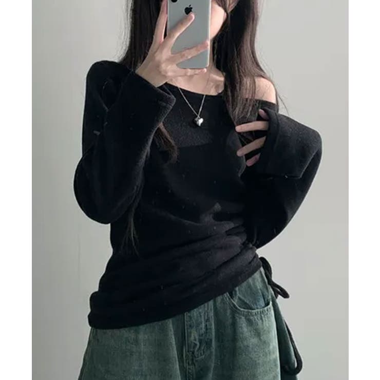 ブラック | 起毛 ボートネック ワンショルダー 2way シャーリングロンT | VIVID LADY