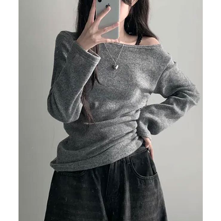 グレー | 起毛 ボートネック ワンショルダー 2way シャーリングロンT | VIVID LADY