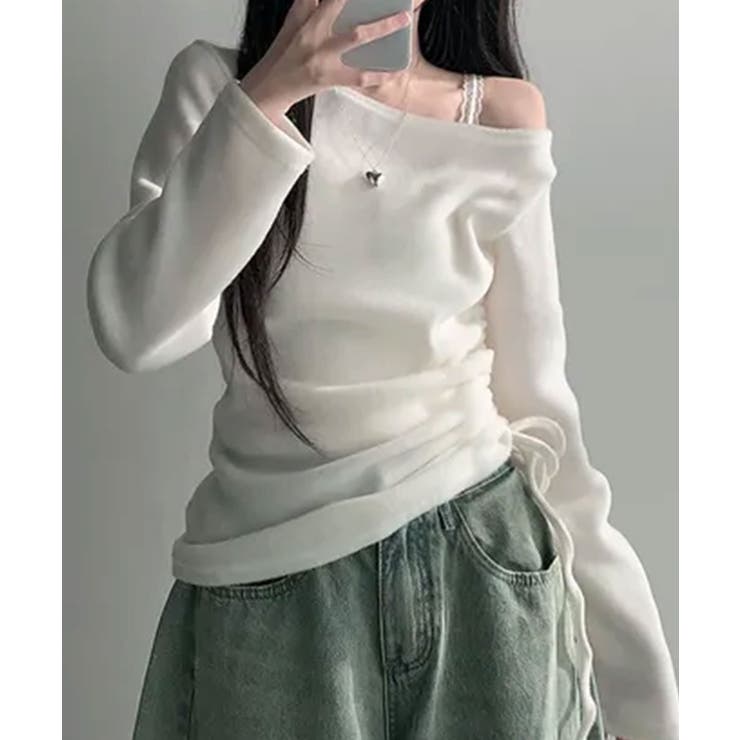 アイボリー | 起毛 ボートネック ワンショルダー 2way シャーリングロンT | VIVID LADY