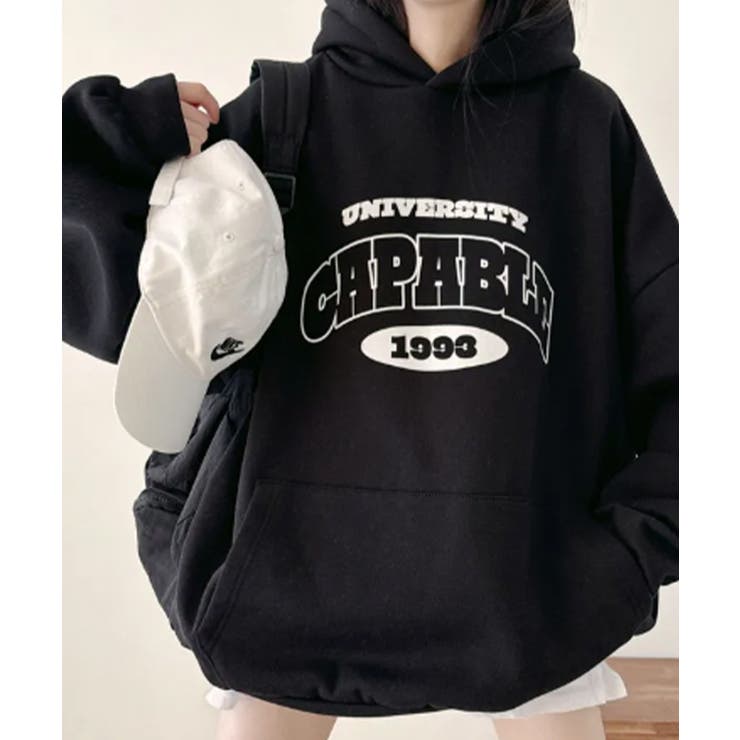 ブラック | 【裏起毛】カレッジロゴ オーバーサイズパーカー | VIVID LADY