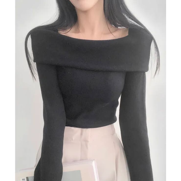 ブラック | 折り返しワイドネック オフショル風 起毛 ロンT 長袖 | VIVID LADY