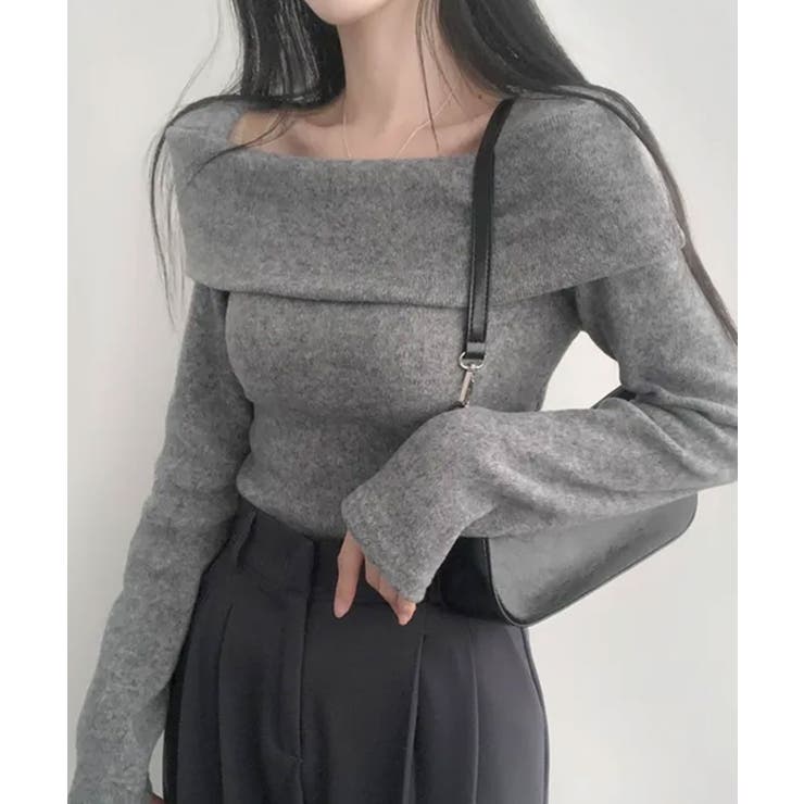 グレー | 折り返しワイドネック オフショル風 起毛 ロンT 長袖 | VIVID LADY